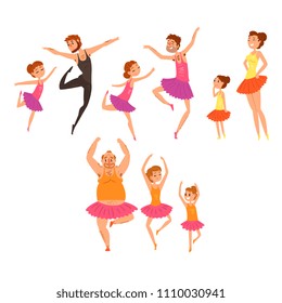 Ballet girls and their fathers in tutu dress dancing in ballet studio cartoon vector Illustrations on a white background