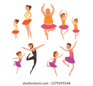 Ballet girls and their fathers in tutu dress dancing in ballet studio cartoon vector Illustrations on a white background