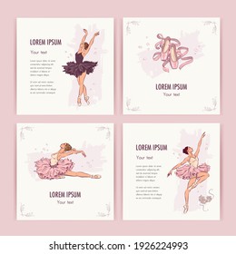 Ballet greeting card set. Vector illustration of ballerina, ballet shoes and dress