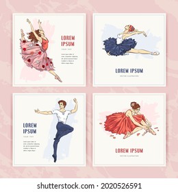 Ballet greeting card set. Vector illustration of ballet dancers