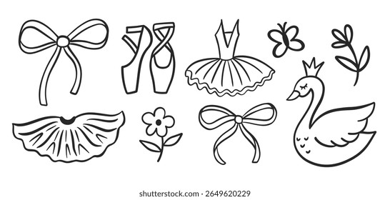 Ballet Hand Drawn Design Elements Doodle Sketch Composition Set. Cute Ballerina Girlish Vector Illustrations Vintage Style Graphic Collection