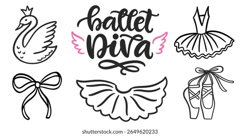 Ballet Hand Drawn Design Elements Doodle Sketch and Quotes Brush Lettering CompositionSet. Cute Ballerina Girlish Vector Illustrations and Phrases Modern Calligraphy Collection