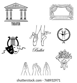 Ballet Icon Set With Ballet Shoes, Bouquet, Theater, Applause, Theater Symbols, Vector Illustration By Hand