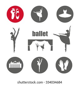 Ballet Icon Set With Ballet Shoes, Ballet Tutu, Ballerina, Theater, Applause. Vector Ballerina Isolated.
