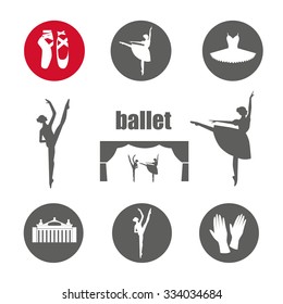 Ballet icon set with ballet shoes, ballet tutu, ballerina, theater, applause. Vector ballerina isolated.