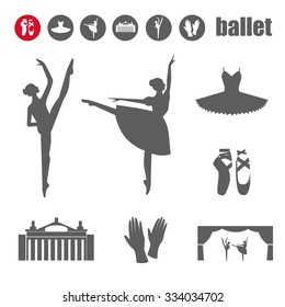 Ballet icon set with ballet shoes, ballet tutu, ballerina, theater, applause. Vector ballerina isolated.