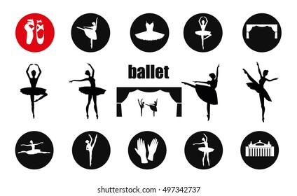 Ballet Icon Set With Ballet Shoes, Ballet Tutu, Ballerina, Theater, Applause. Vector Ballerina Isolated.