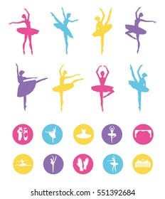 Ballet icon set with ballet shoes, ballet tutu, ballerina, theater, applause. Vector ballerina isolated.