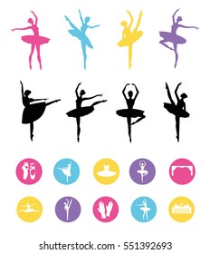 Ballet icon set with ballet shoes, ballet tutu, ballerina, theater, applause. Vector ballerina isolated.