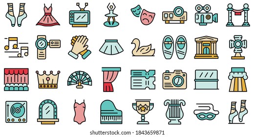 Ballet icons set. Outline set of ballet vector icons thin line color flat on white