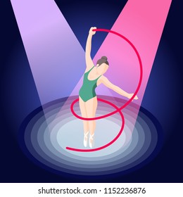 Ballet isometric composition of ballerina with ribbon in pointe shoes on stage illuminated by spotlights vector illustration  