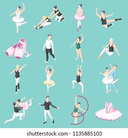 Ballet isometric icons set of dancer couples ballerinas in dancing poses and doing training exercises isolated vector illustration 