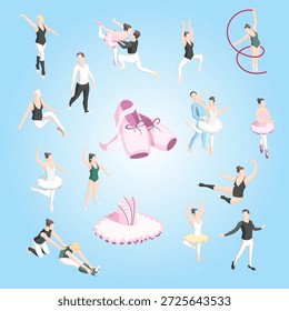 Conjunto de iconos isométricos de ballet bailarinas parejas bailarinas poses de baile haciendo ejercicios de entrenamiento