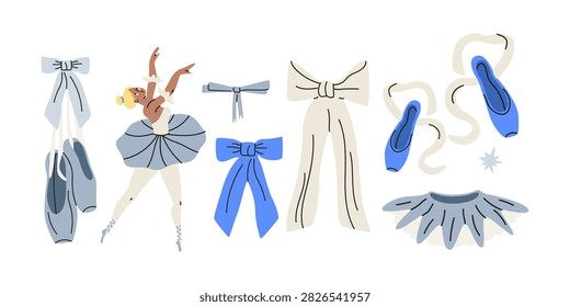 Ballet items and elements in coquette doodle style. Ballerina cartoon character, pointe shoes, ribbons, a tutu and a ballet skirt. Ballet dance stickers set