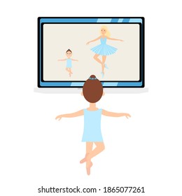 Ballet lesson, distant education online. Kids ballerinas at distant dance course via internet connection. work shop, master class during pandemic corona virus, covid-19, Stay home