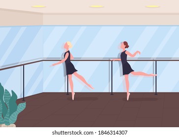 Ballet lesson flat color vector illustration. Dancers rehearsing. Girl train choreography. Practice in ballroom. Active lifestyle. Ballerina 2D cartoon characters with mirror gym on background