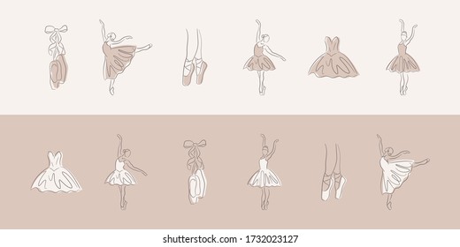 Iconos de la línea de ballet. Elegantes formas de arte beige a mano de bailarina, zapato de punta y vestido. Esbozo de pincel lineal con siluetas de sombra. Plantillas de dibujo de contorno Pastel. Esquema de símbolos de teatro.