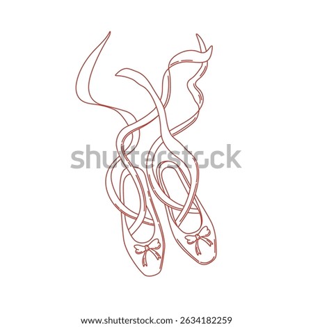 Ballet linear shoes with silk ribbon and bow. Ballet coquette core. Vector illustration isolated on white background for posters, cards, invitation, printing on t-shirt etc.
