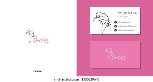 Ballet logo and business card on a white background in pink. Silhouette of a girl dancer for the dance studio. Trendy flat style for studio, posters, banners, signs, mobile applications. 