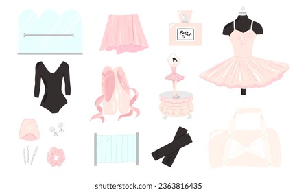 Ballet necessities set, ballet shoes, ballet tutu, barre, ballet stickerpack