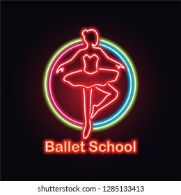 ballet neon sign for ballet school, dance studio. vector illustration