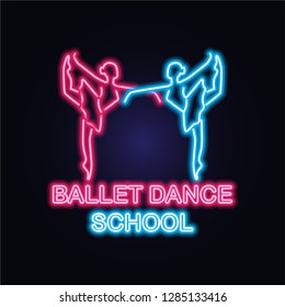 ballet neon sign for ballet school, dance studio. vector illustration