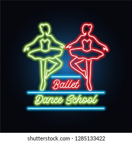 ballet neon sign for ballet school, dance studio. vector illustration