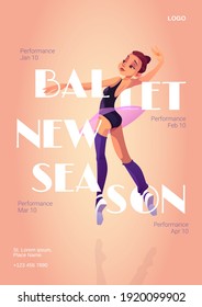 Ballet new season cartoon poster with ballerina, invitation flyer to performance with dancer girl in tutu and pointe shoes stand in dance position. Artist choreography event vector advertising banner