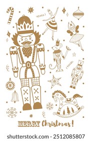 Balé o Quebra-Nozes. Cartaz vetor de Natal de ouro bonito. 
Cartaz interior
