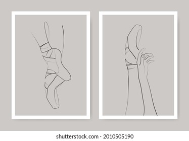 Ballet one line art print illustrations. Contouring silhouette legs and hands of prima ballerina. 