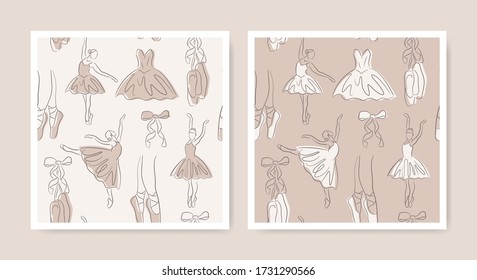 Ballet outline seamless patterns set. Hand-drawn art line icons of ballerina, pointe shoe and dress. Linear brush sketch texture with shadow silhouettes. Contour drawing theater wallpaper design.