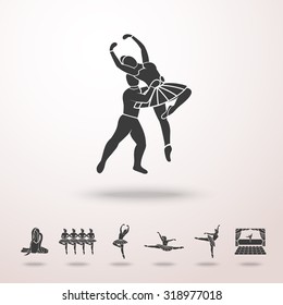 Ballet pair monochrome icon with shadow and set of icons - ballet dancers, swan lake dance, stage, ballet shoes. Vector