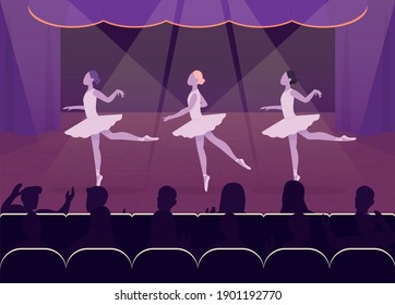 Ballet perfomance flat color vector illustration. Beautiful evening event. Goregous balleries dancing in front of crowd 2D cartoon characters with nice decorated stage on background