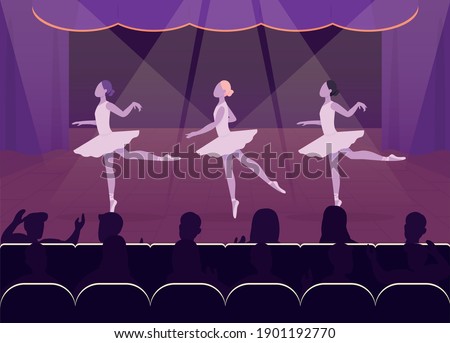 Ballet perfomance flat color vector illustration. Beautiful evening event. Goregous balleries dancing in front of crowd 2D cartoon characters with nice decorated stage on background