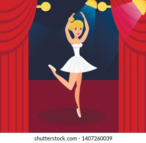Ballet Performance Flat Color Vector Illustration. Graceful Lady in Pointe Shoes and Ballet Tutu Cartoon Character. Elegant Young Ballerina Debut Banner. Theatre Stage Show Concept Idea