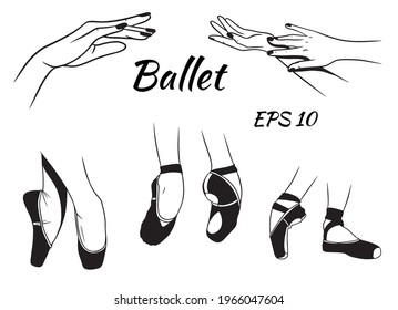 Ballet. Pointe shoes on the legs. Graceful hand gestures. Ballerina. Silhouette. Vector illustration for the decoration of ballet studios. For design.