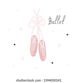 Ballet Pointe shoes on white background. Vector illustration for printing on fabric, postcards, wrapping paper, Wallpaper. Cute baby background for girls.