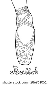 Ballet pointe shoes with an ornament. Black and white vector illustration