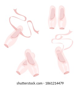 Ballet pointes shoes, with ribbon, pink. Ballerina fashion. Vector illustration, isolated