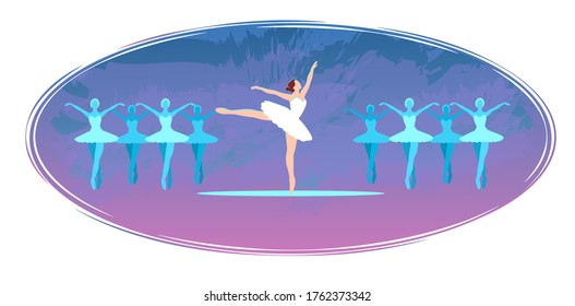 Ballet postcard, Flat cartoon vector illustration. Ballerinas in dance on stage greeting card. Cartoon stylized swan lake, blue poster Isolated cover. Horizontal white background.