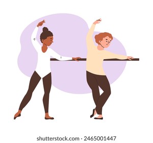 Ballet practice. Vector illustration of young dancers at the barre perfecting their technique.