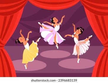 Ballet scene. Ballerinas girls perform on stage. Kids dance show. Light tutus. Pointe shoes. Red theater curtain. Choreographic positions. Dancers performance. Splendid