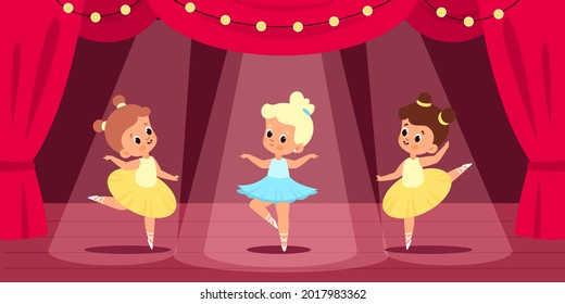 Ballet scene. Little ballerinas perform on stage, red curtain, searchlight lights, young dancers theatre performance. Choreographic position, dancing children. Vector cartoon isolated concept