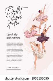 Ballet school banner, poster or flyer design template. Hand drawn illustration of beautiful ballerinas