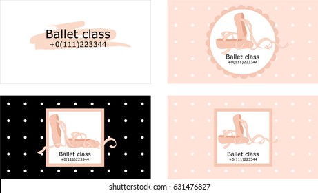 Ballet school business cards set. Design templates with logo. Several versions for classic dance studio. Girlish design. Pointe ballerina`s shoes drawing. Dancing lessons sign. Flyer, advertising. 