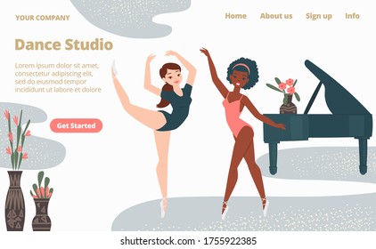 Ballet school dance studio landing web page, concept banner website template cartoon vector illustration. Website page banner, modern black piano, character female performing choreography.