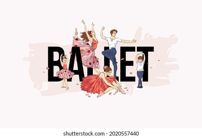 Ballet school dance studio landing web page, concept banner design template. Vector illustration of ballerinas