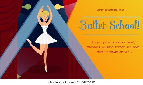 Ballet School, Dancing Classes Web Banner Template. Graceful Ballerina in Pointe Shoes and White Dress Cartoon Character. Elegant Dancer Performing Pirouette. Vector Illustration with Text Space