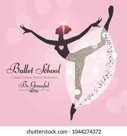 Ballet School Flyer Template. Ballerina Silhouette with Elegant Tutu. Soft Theatre Ticket Design. Classic Dance Class. Pink Bokeh Design. Vector illustration