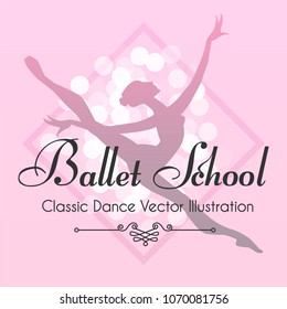 Ballet School Flyer Template. Ballerina Silhouette with Gradient and Bokeh Effect . Soft Theatre Ticket Design. Classic Dance Class. Pink Design. Vector illustration